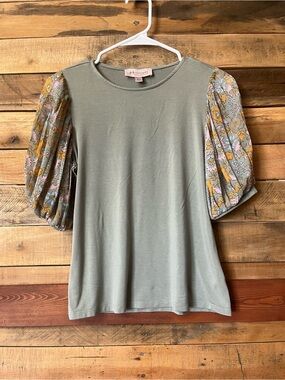 Philosophy Sage Green Top with Floral Puff Sleeves